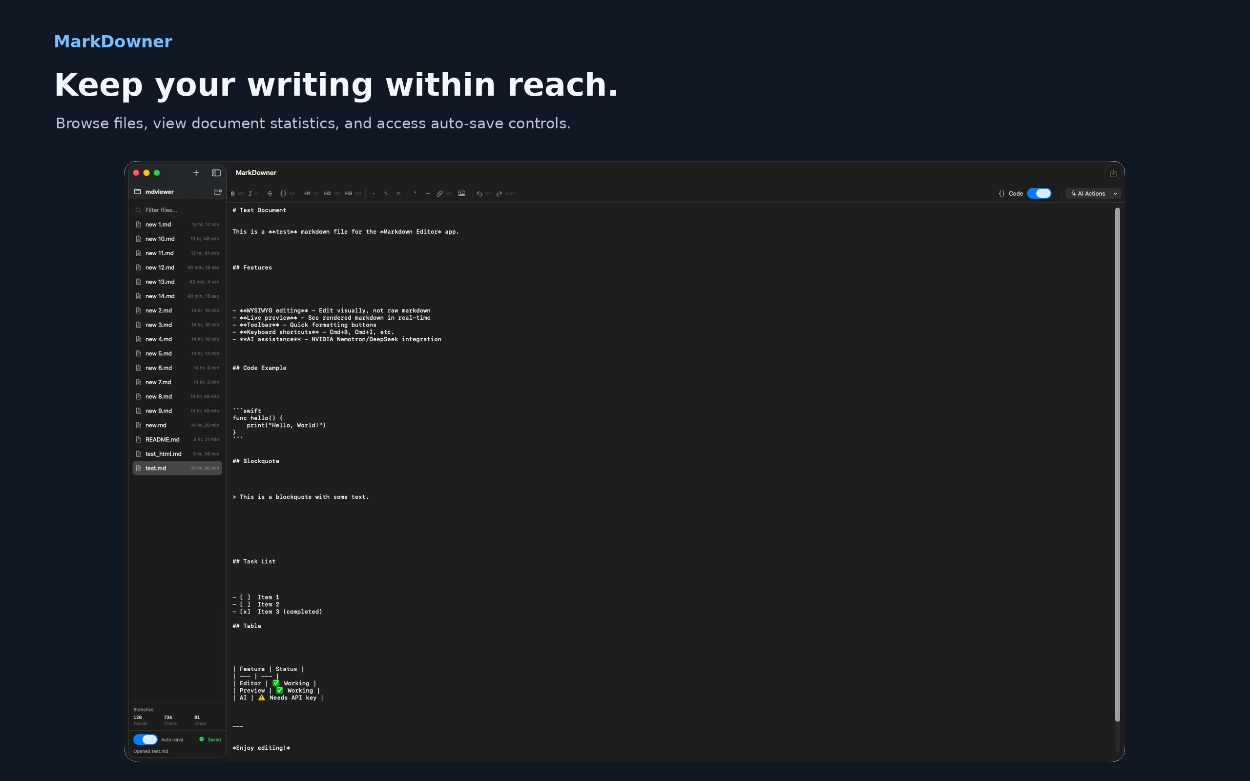 Sidebar listing the Markdown files of a folder, with statistics and auto-save