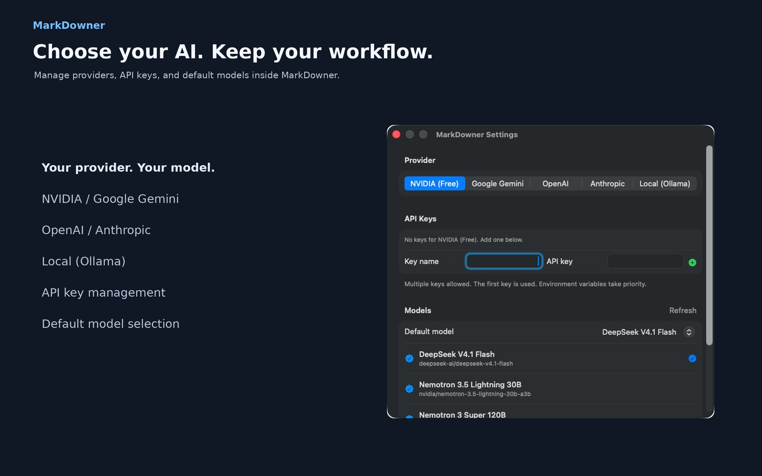 AI settings with provider choice, API keys and default model